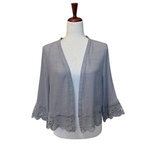 Rebellion Gray Lace Trim Open Front 3/4 Sleeve Cardigan Size M #1848